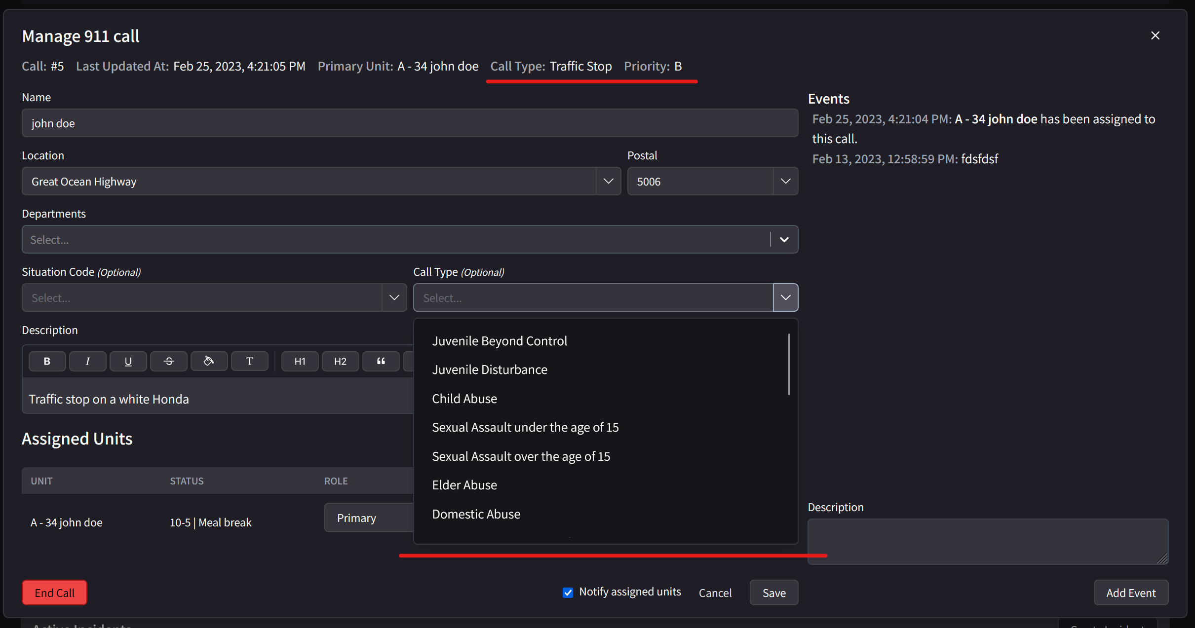 Call Type on 911 call