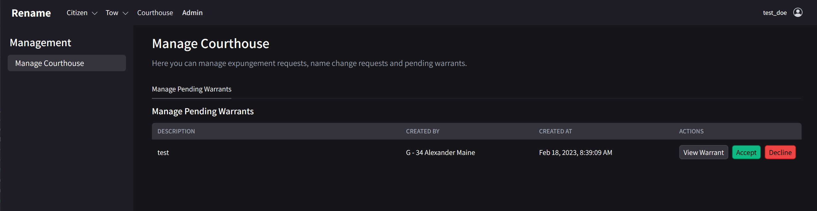 Warrant Status Approval Admin Dashboard